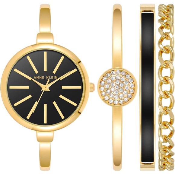 Accessories - Women's Brass Bangle Watch and Bracelet Set Gold Black Crystal Enamel Jewelry